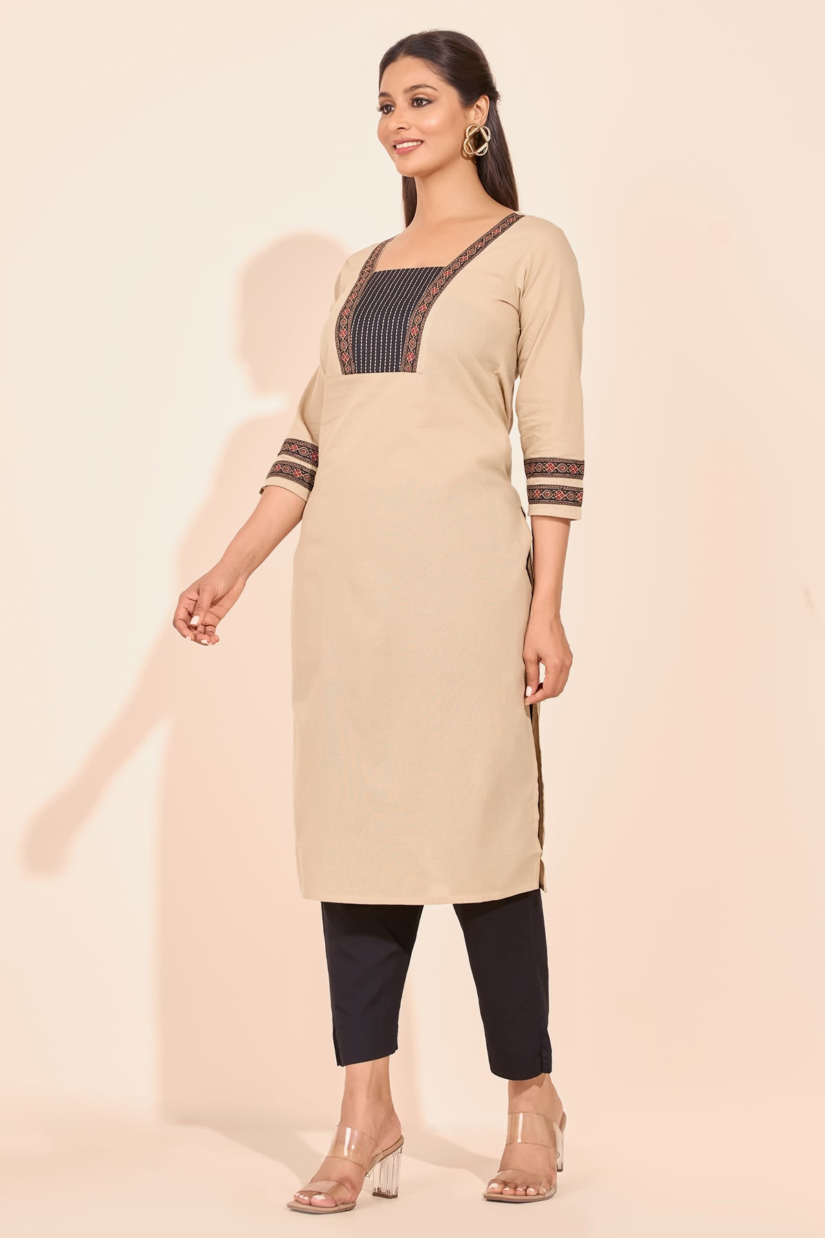 Ajrakh Printed Embroidered Kurta - Beige