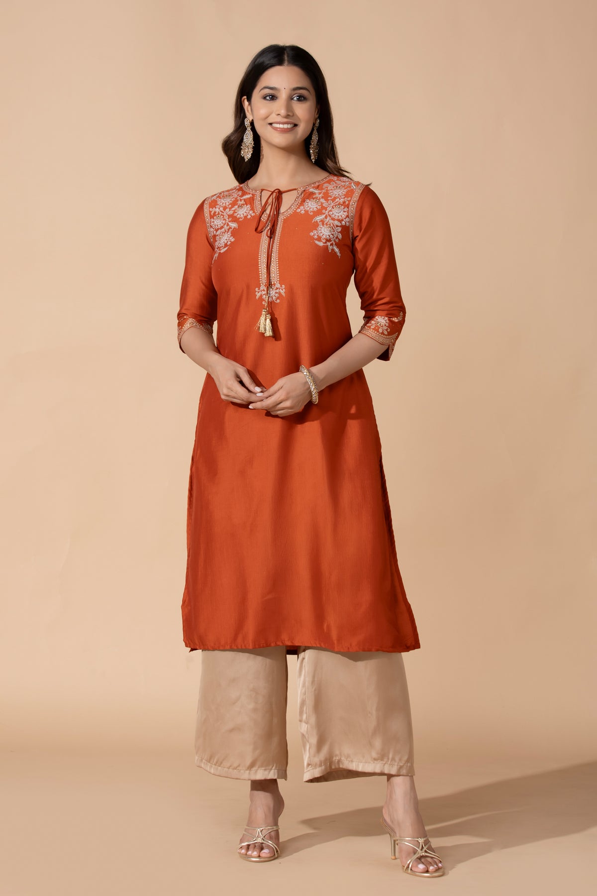 Rust Floral Printed Straight Kurta