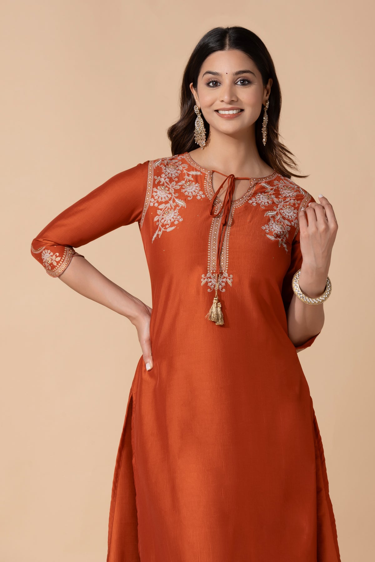 Rust Floral Printed Straight Kurta