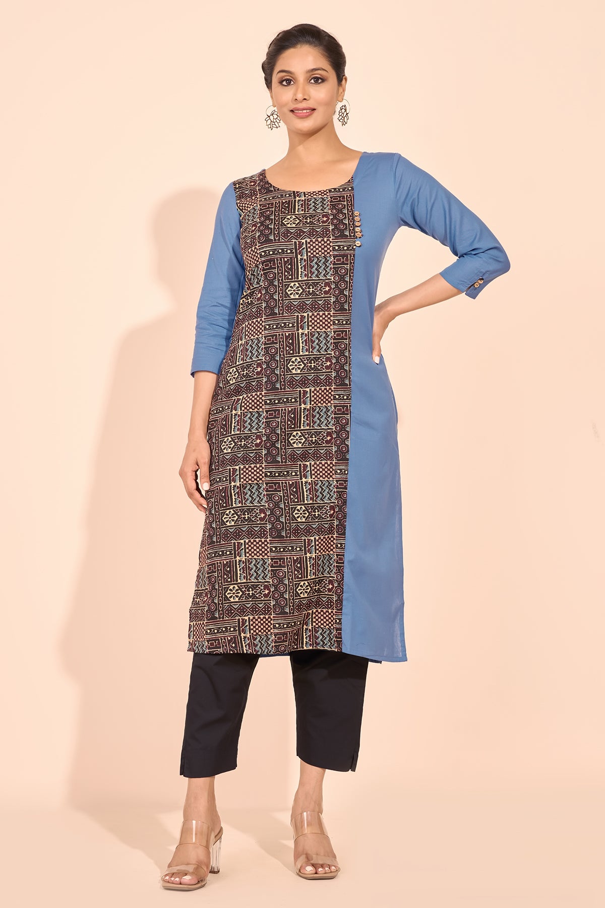 Block Printed Paneled Kurta - Blue
