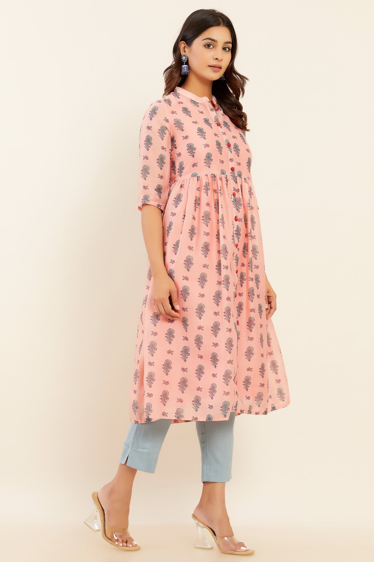 Contrast All Over Floral Printed Kurta Peach