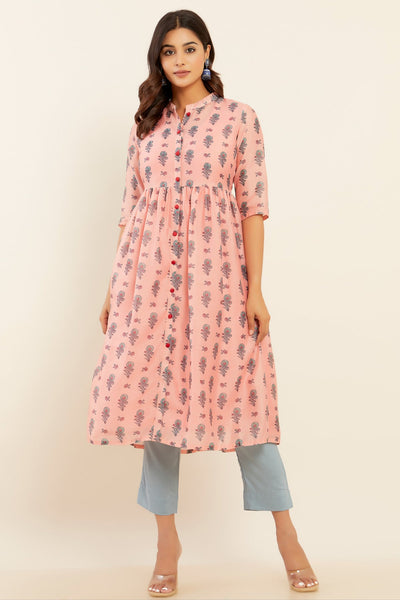 Contrast All Over Floral Printed Kurta Peach