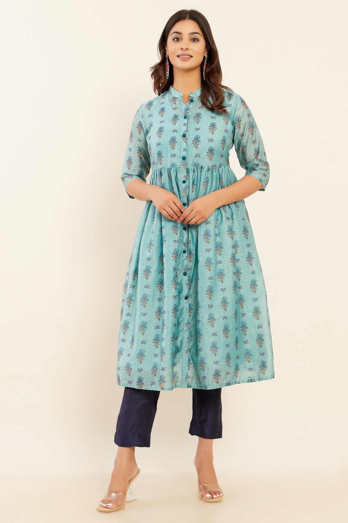 Contrast All Over Floral Printed Kurta Blue