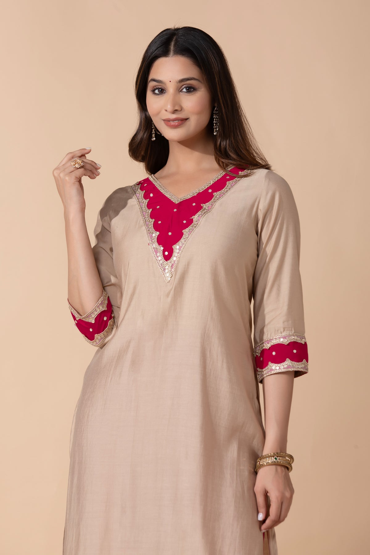 Beige Lace Yoke Straight Kurta