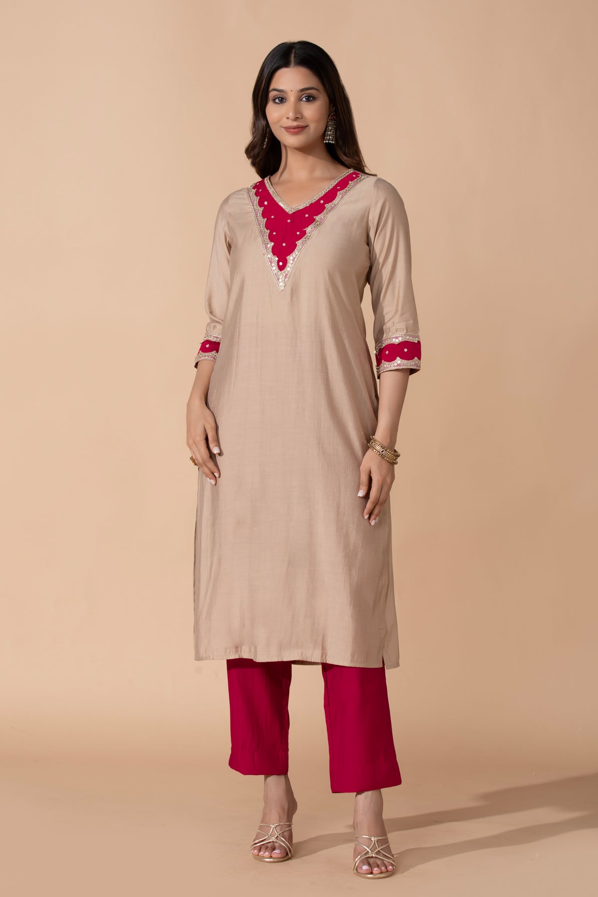 Beige Lace Yoke Straight Kurta