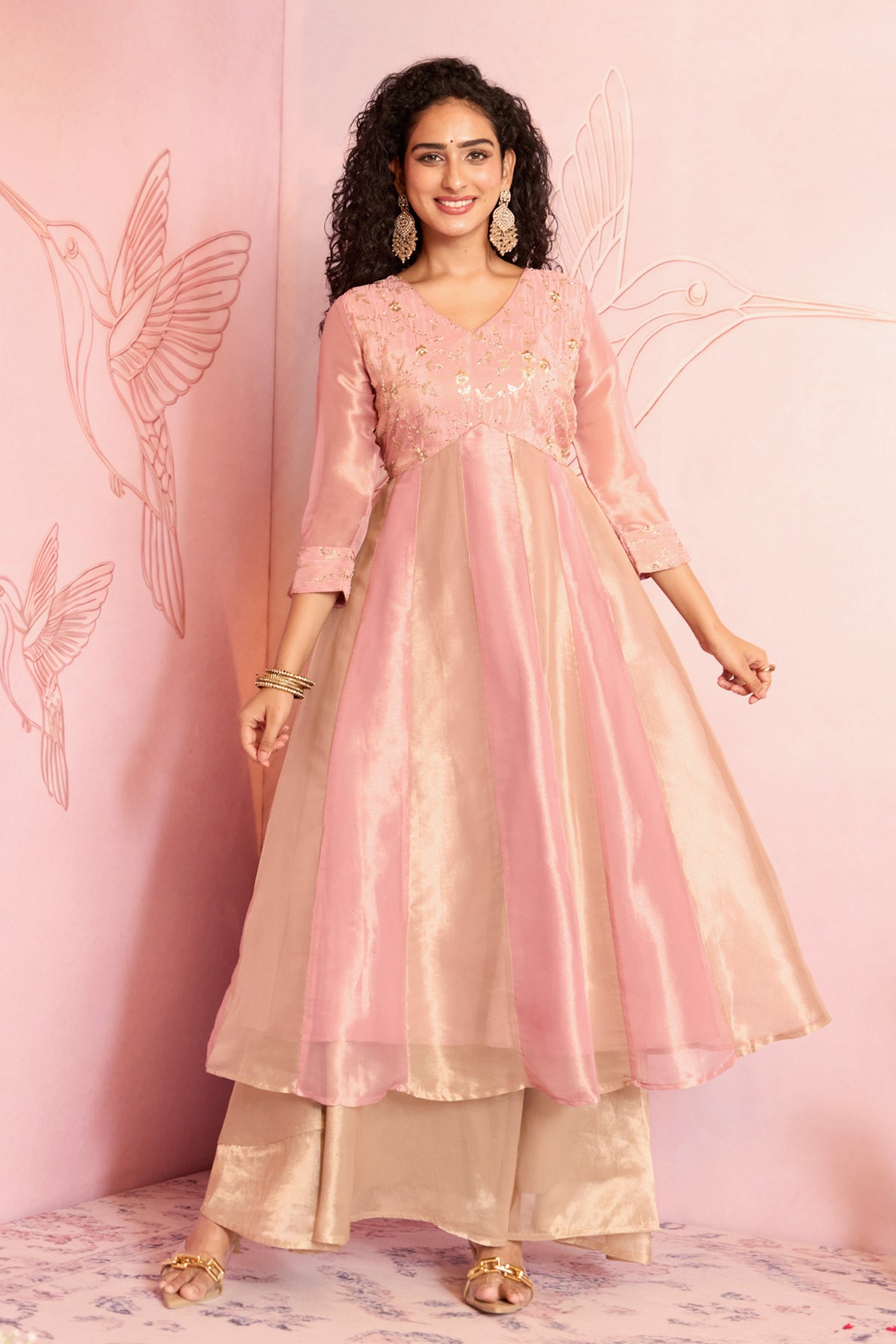 Pink Floral Embroidery Panelled Tissue Festive Kurta
