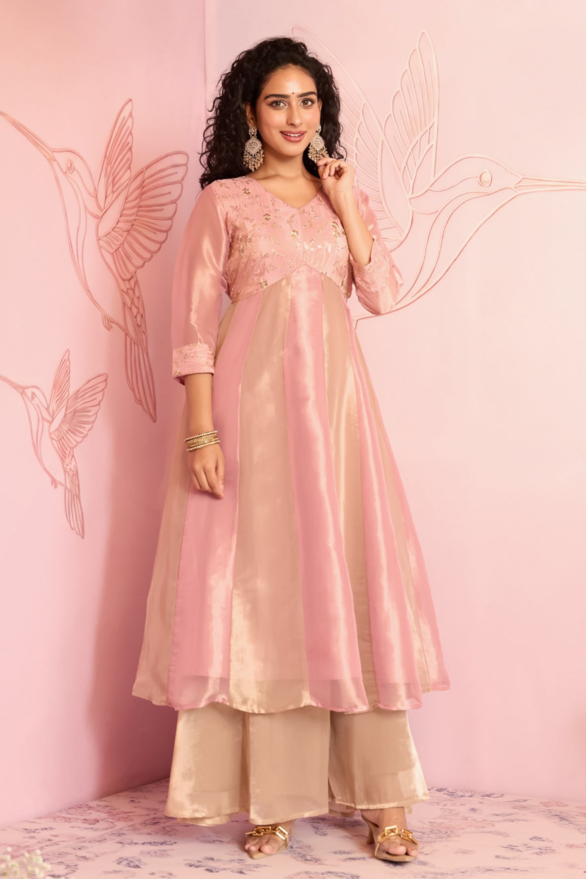 Pink Floral Embroidery Panelled Tissue Festive Kurta