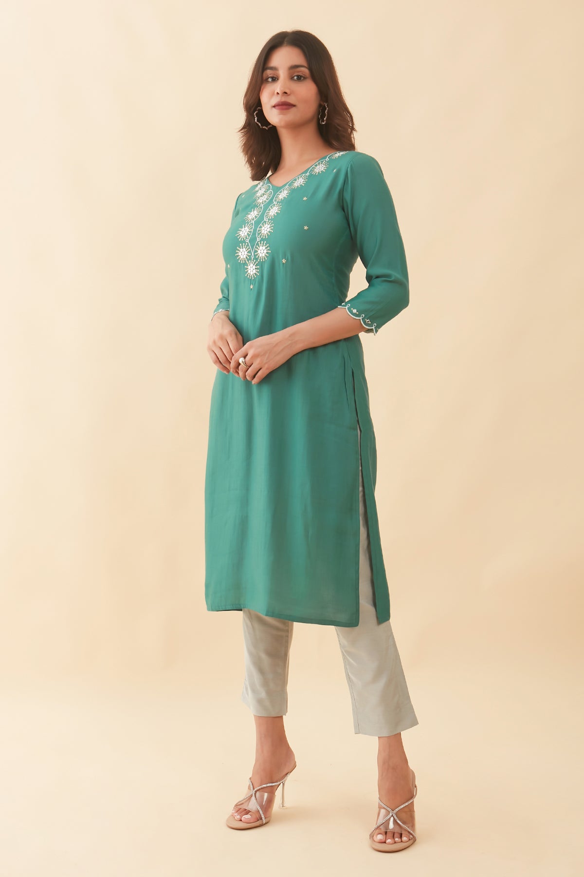 Floral Embroidered With Foil Mirror Embellished Kurta Green
