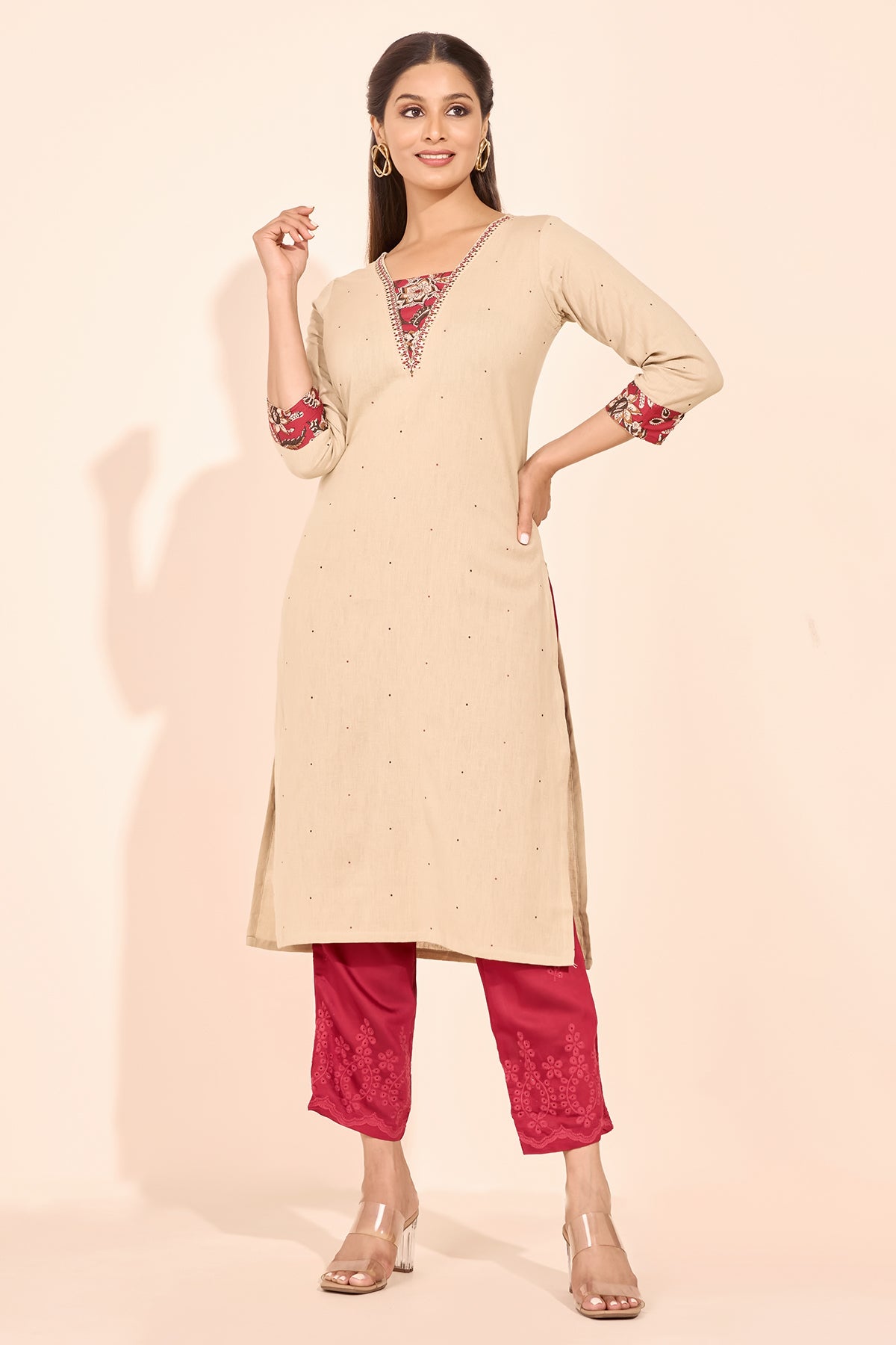 Floral Block Printed Yoke Patchwork Kurta - Beige