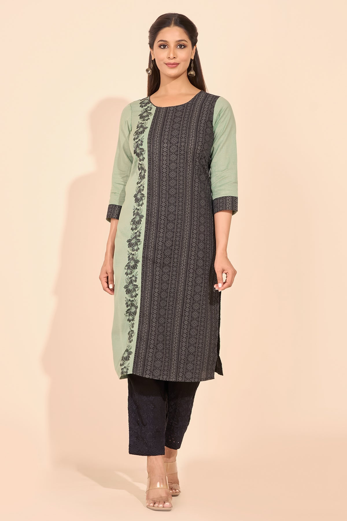 Floral Printed Paneled Kurta - Green