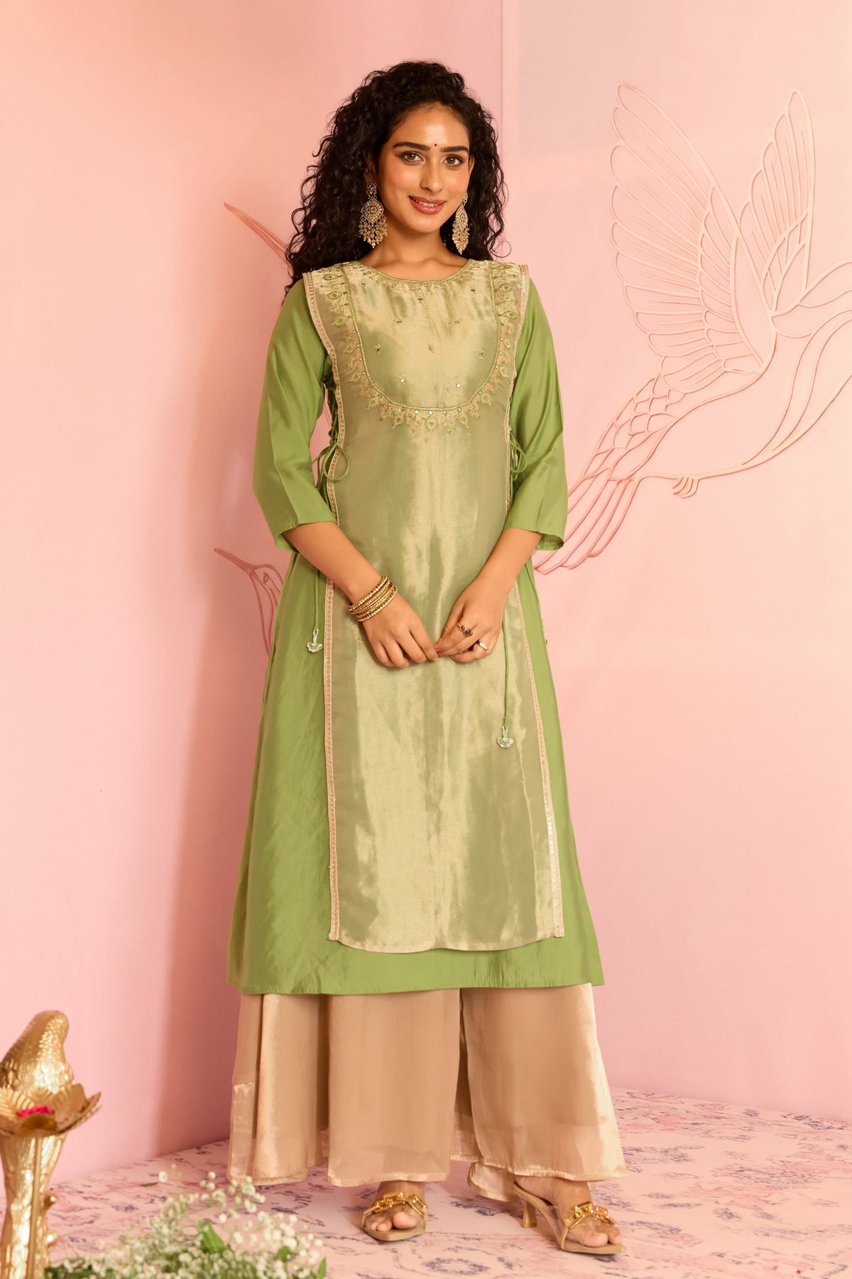 Layered Lime Green Embroidered Festive Kurta with Side Tie-up