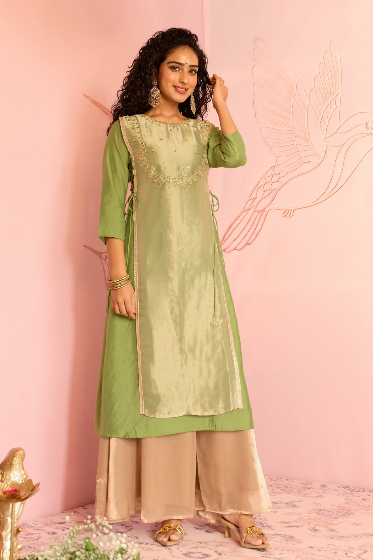 Layered Lime Green Embroidered Festive Kurta with Side Tie-up
