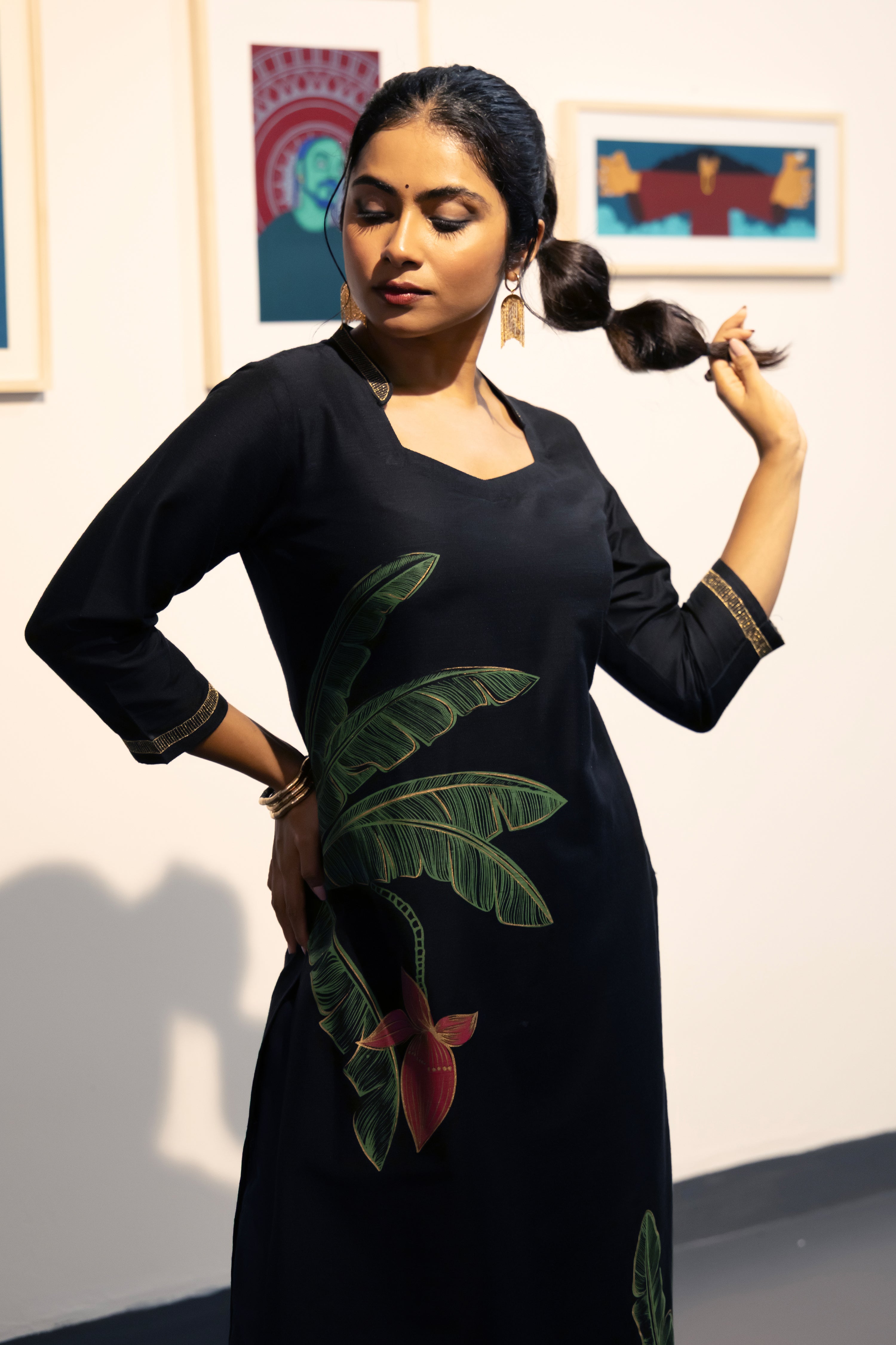 Black Tropical Print Raw Silk Straight Kurta