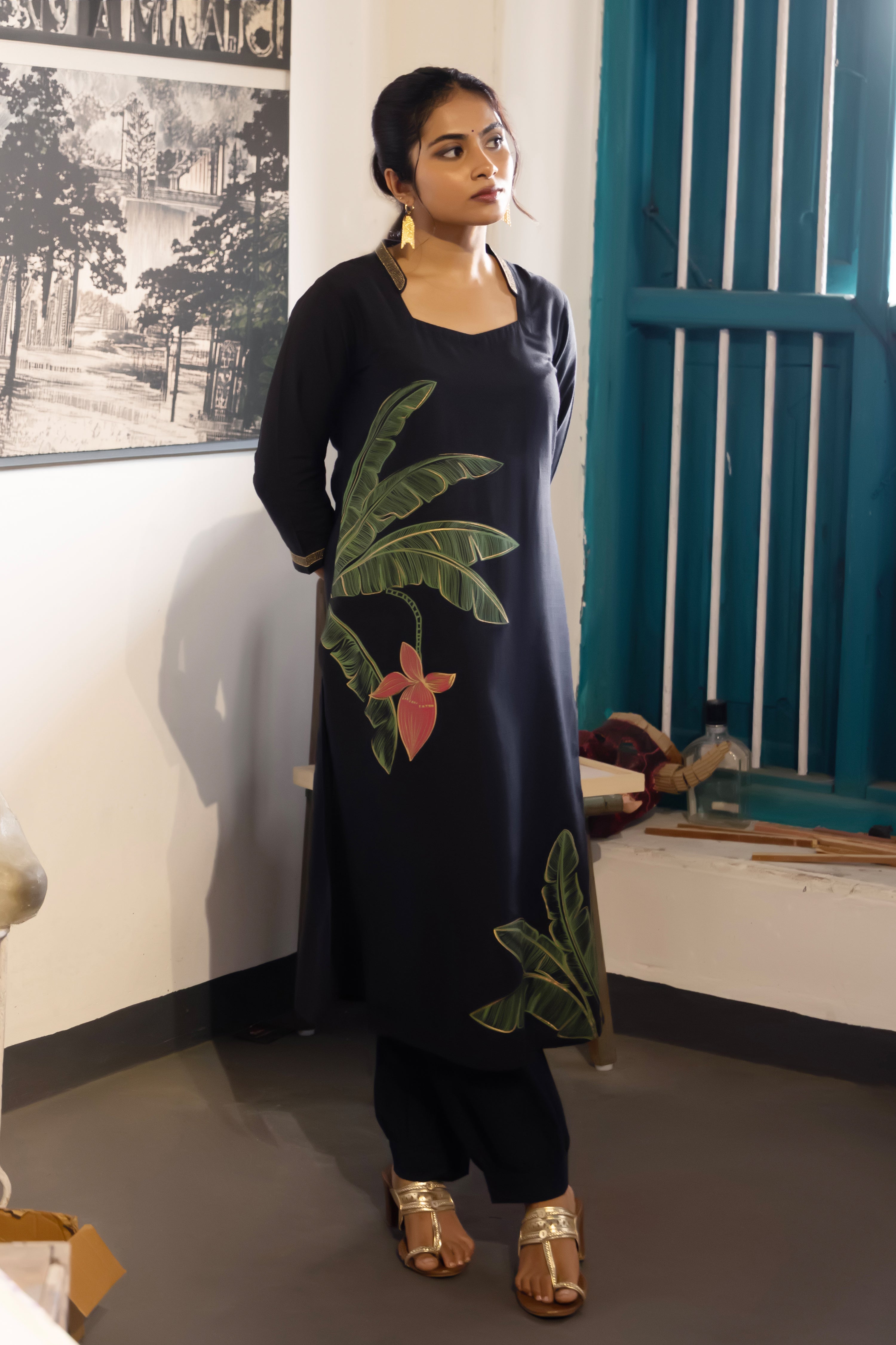 Black Tropical Print Raw Silk Straight Kurta