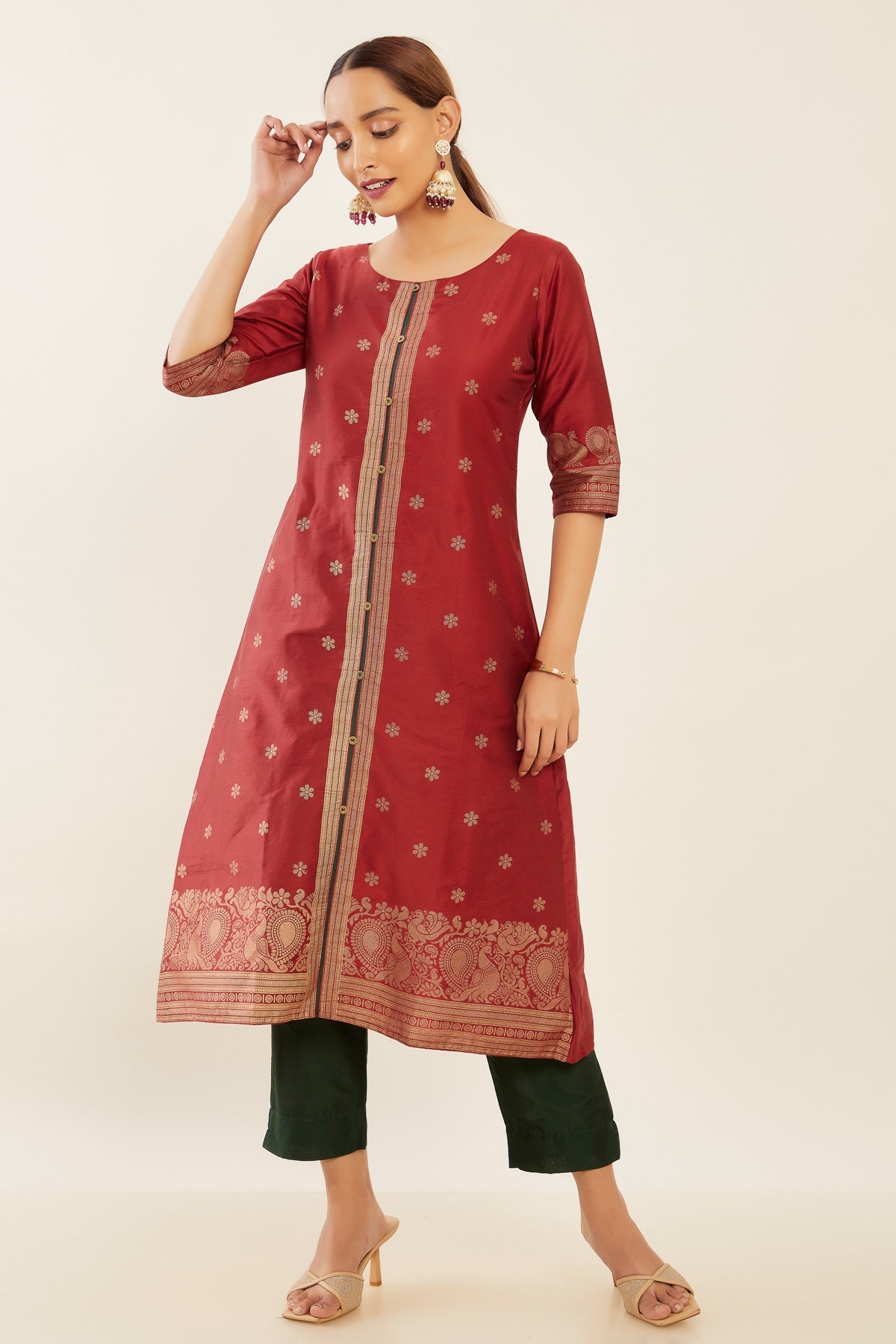 All Over Floral & Peacock Motif Printed A-Line Kurta - Maroon