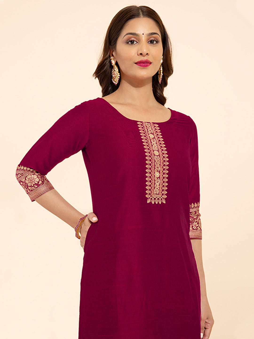 Contrast Floral Embroidered Yoke Kurta Burgundy