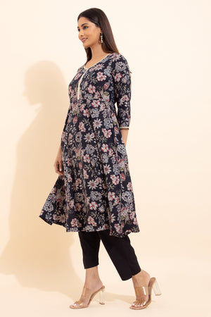 Floral Printed Kurta - Black