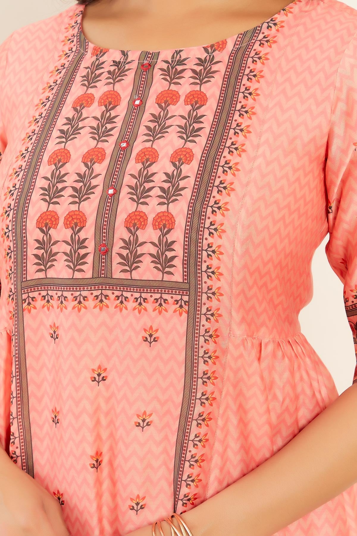 All Over Geometric Floral Printed A Line Pleated Kurta Pink