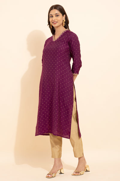 Floral Embroidered Neckline With Allover Polka Dots Printed Kurta - Purple