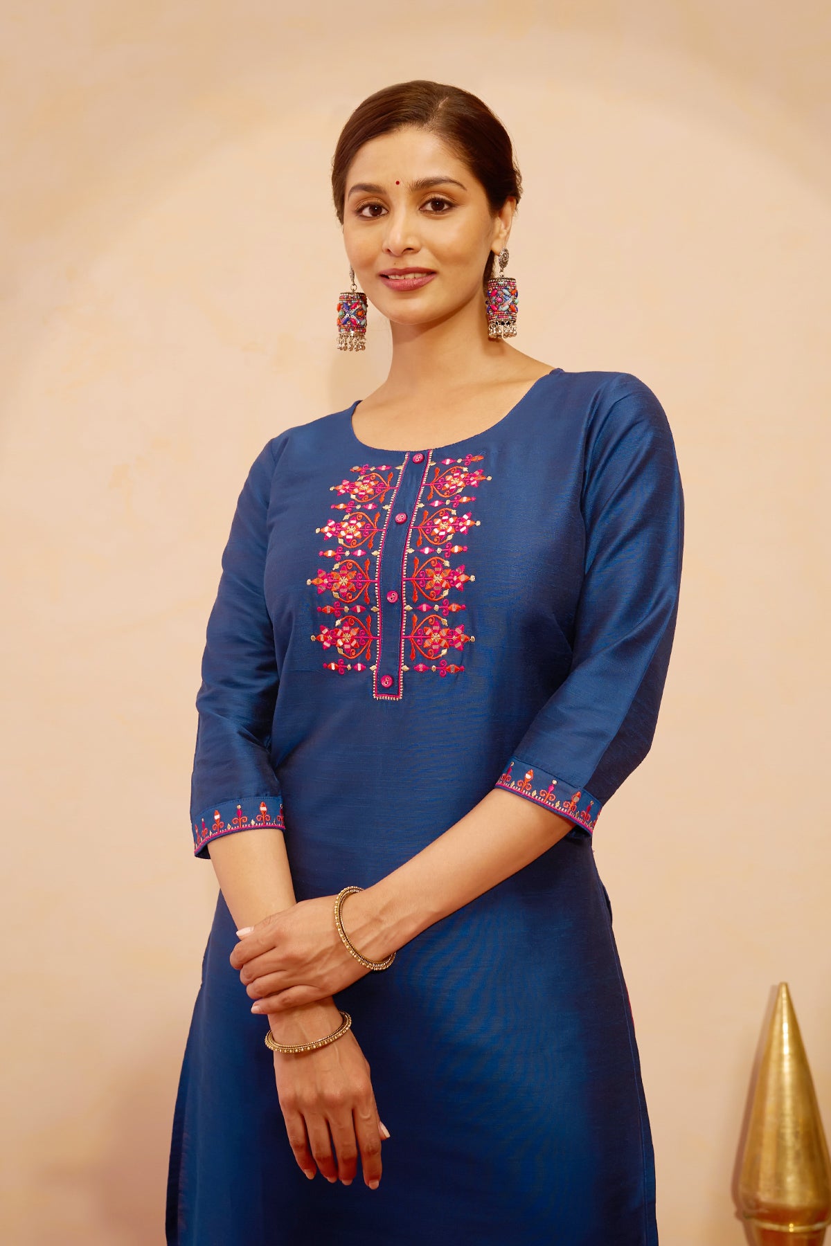 Floral Embroidered & Foil Mirror Embellished Kurta - Blue