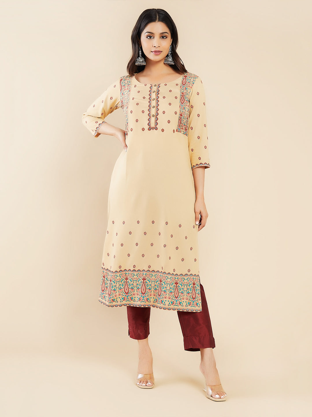 Classic Floral Printed Kurta Beige