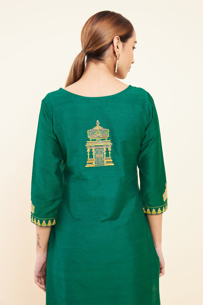 Temple Motif Embroidered Kurta Green