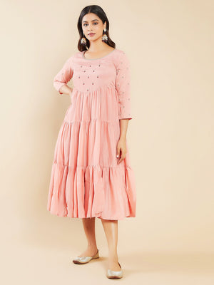 Contrast Foil Mirror Embroidered Tiered A Line Kurta Peach