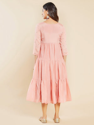 Contrast Foil Mirror Embroidered Tiered A Line Kurta Peach