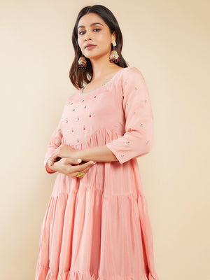 Contrast Foil Mirror Embroidered Tiered A Line Kurta Peach
