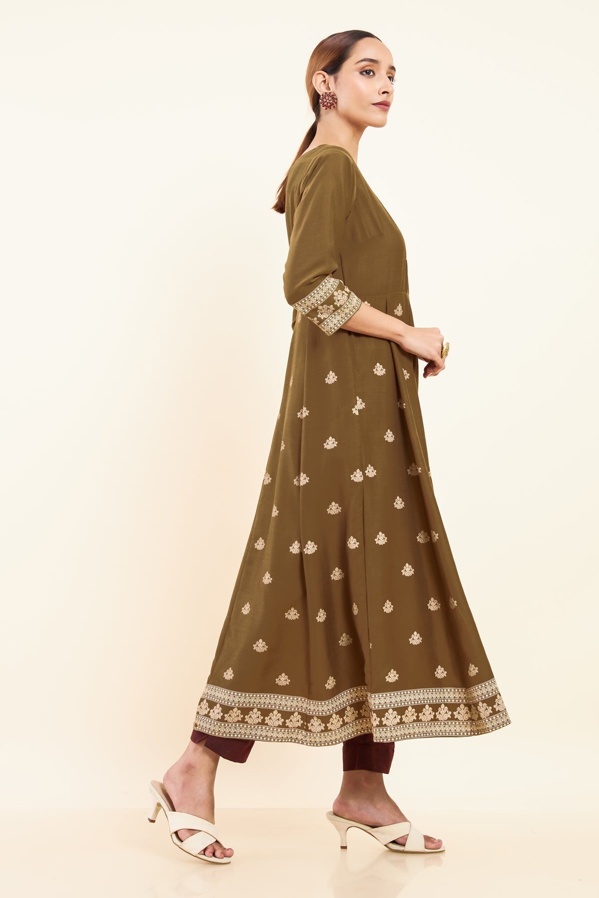 All Over Geometric Peacock Placement Printed A Line Kurta Brown