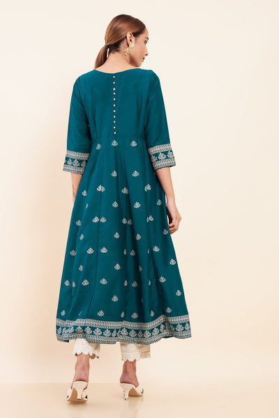 All Over Geometric Peacock Placement Printed A Line Kurta Blue