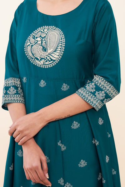 All Over Geometric Peacock Placement Printed A Line Kurta Blue