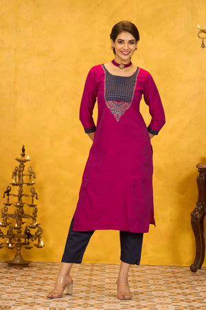Traditional Embroidered Kurta with Yoke Patchwork - Magenta