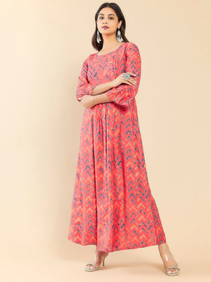 Contract Chevron Printed Foil Mirror Embellished A Line Kurta Peach