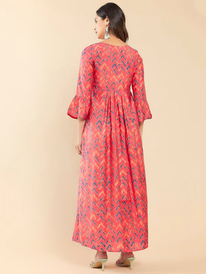 Contract Chevron Printed Foil Mirror Embellished A Line Kurta Peach