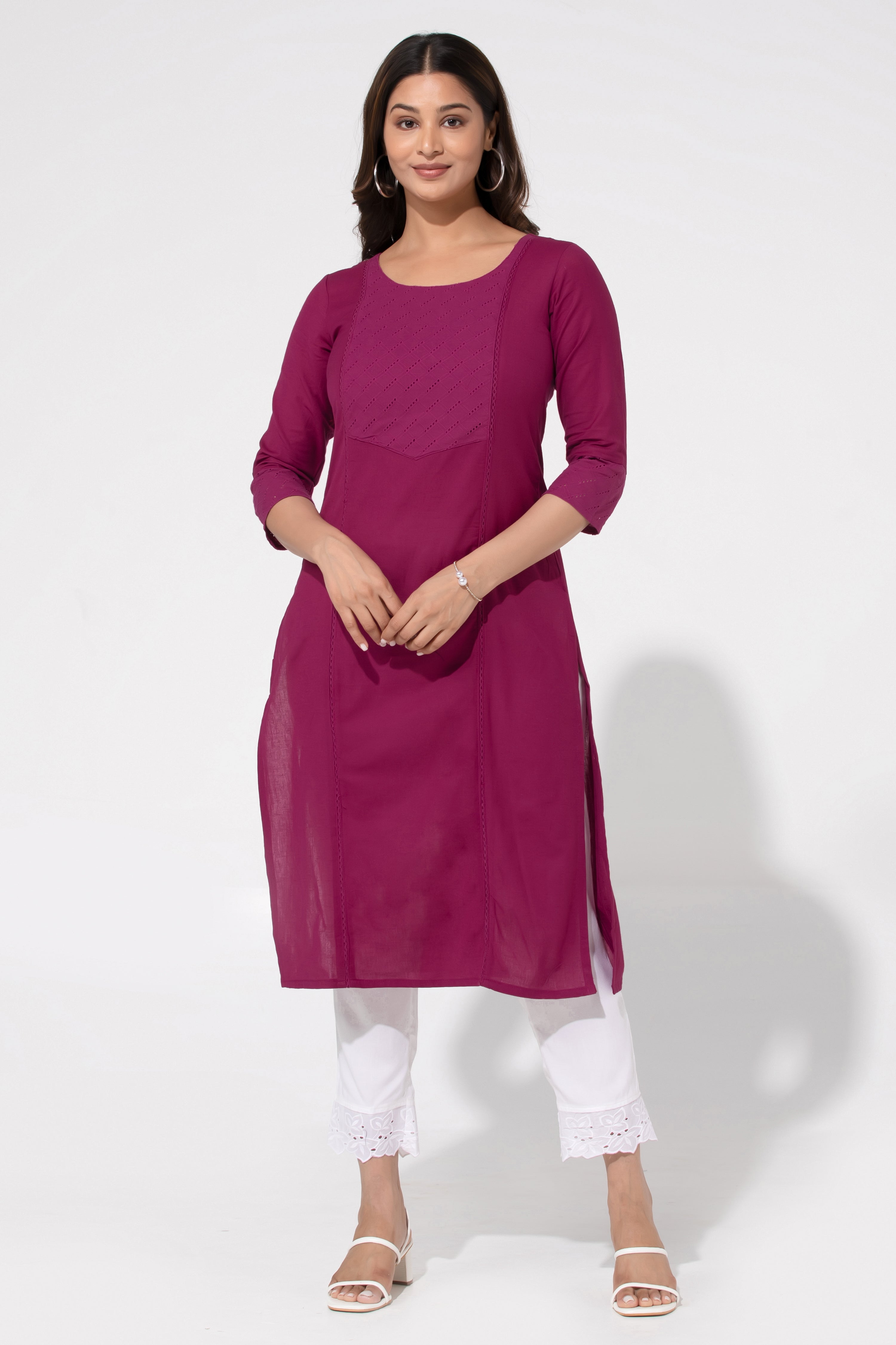 Plum Linen Straight Kurta with Hakoba Design