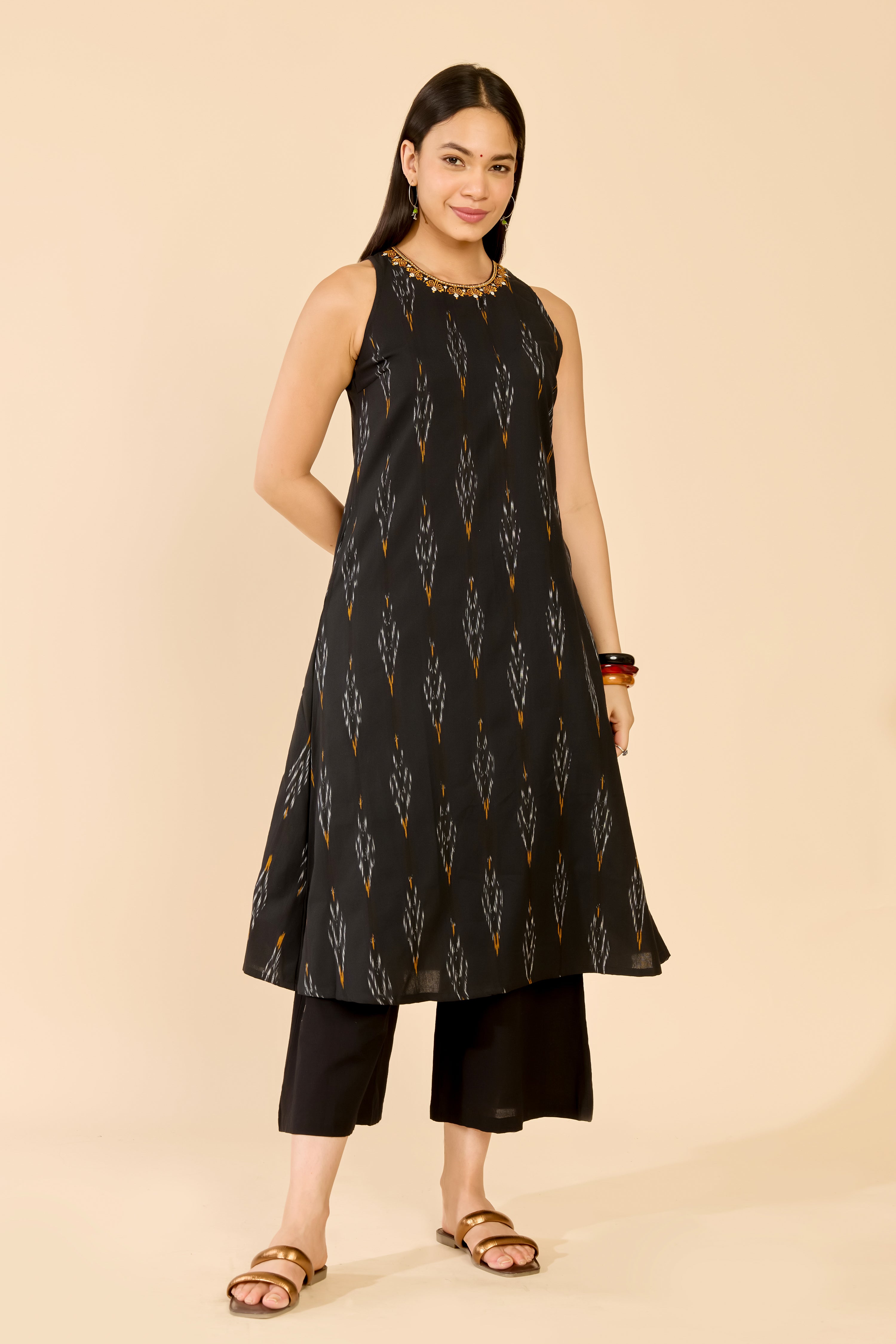 Black Ikat Cotton A-Line Kurta