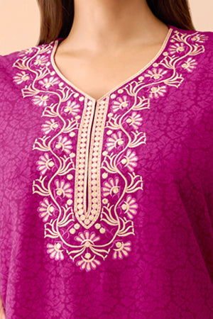 All Over Floral Printed Nighty With Floral Embroidery - Magenta