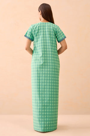 Ditsy Floral Printed & Embroidered Nighty - Green