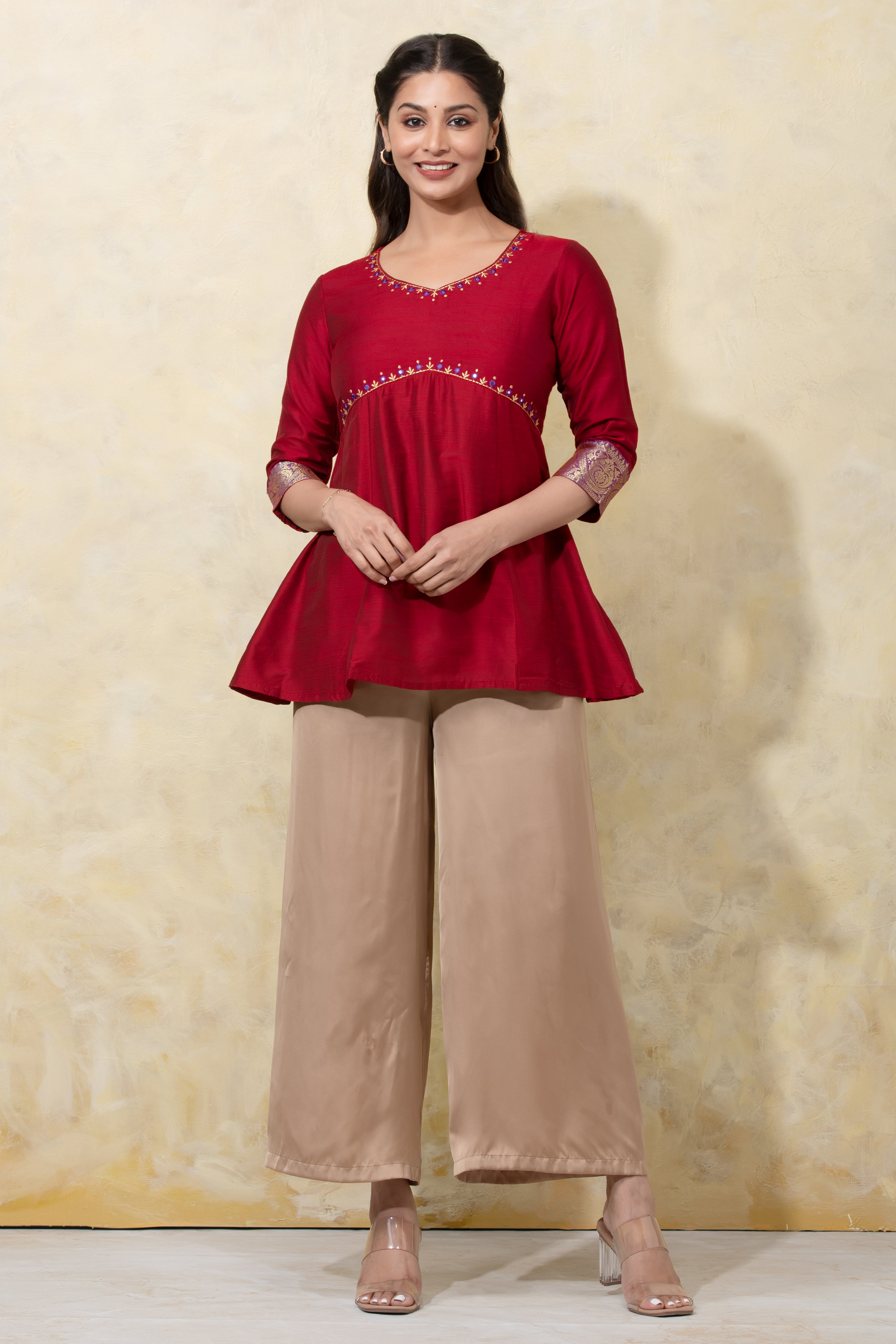 Floral Embroidered Yoke Pachwork Tunic - Red