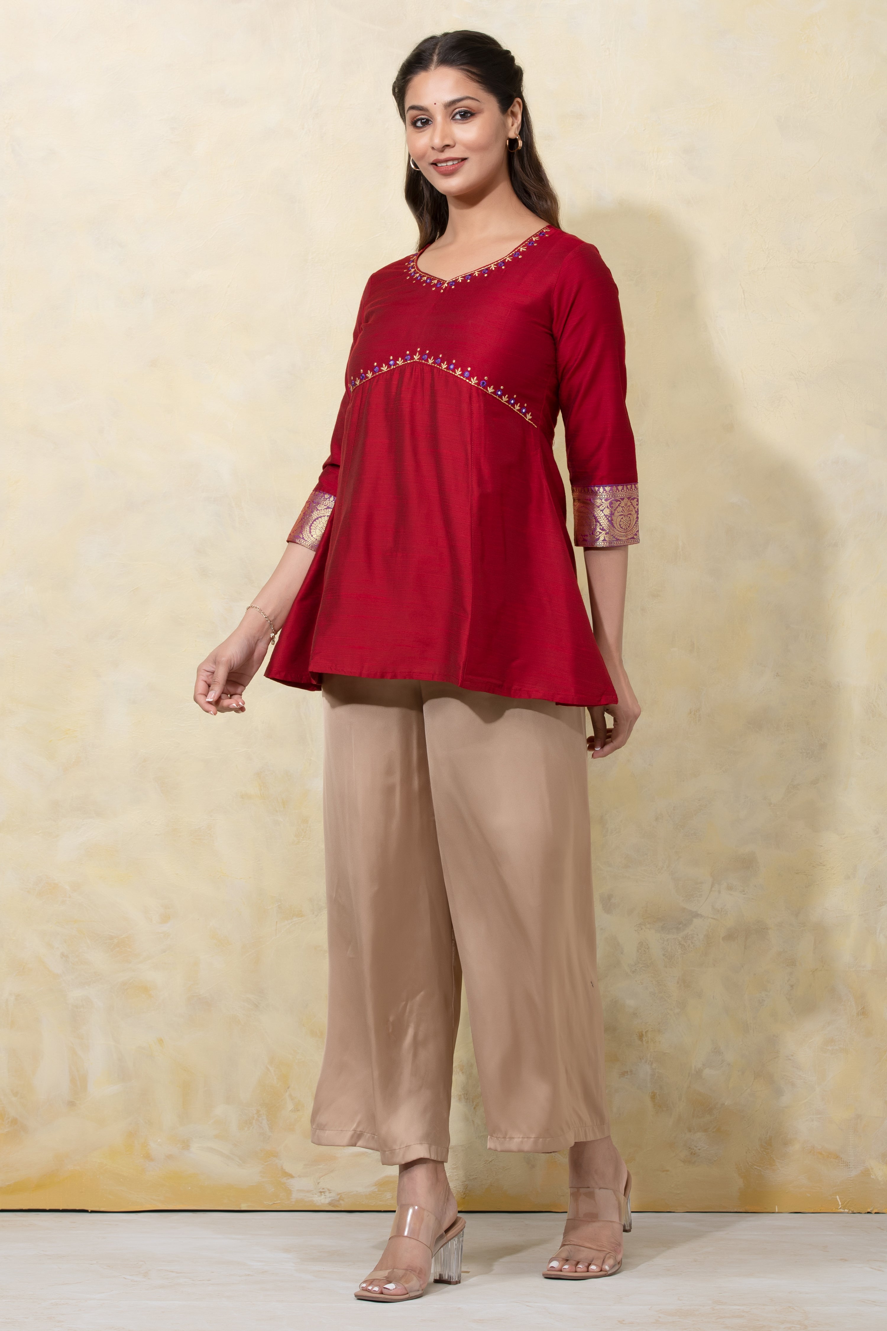 Floral Embroidered Yoke Pachwork Tunic - Red