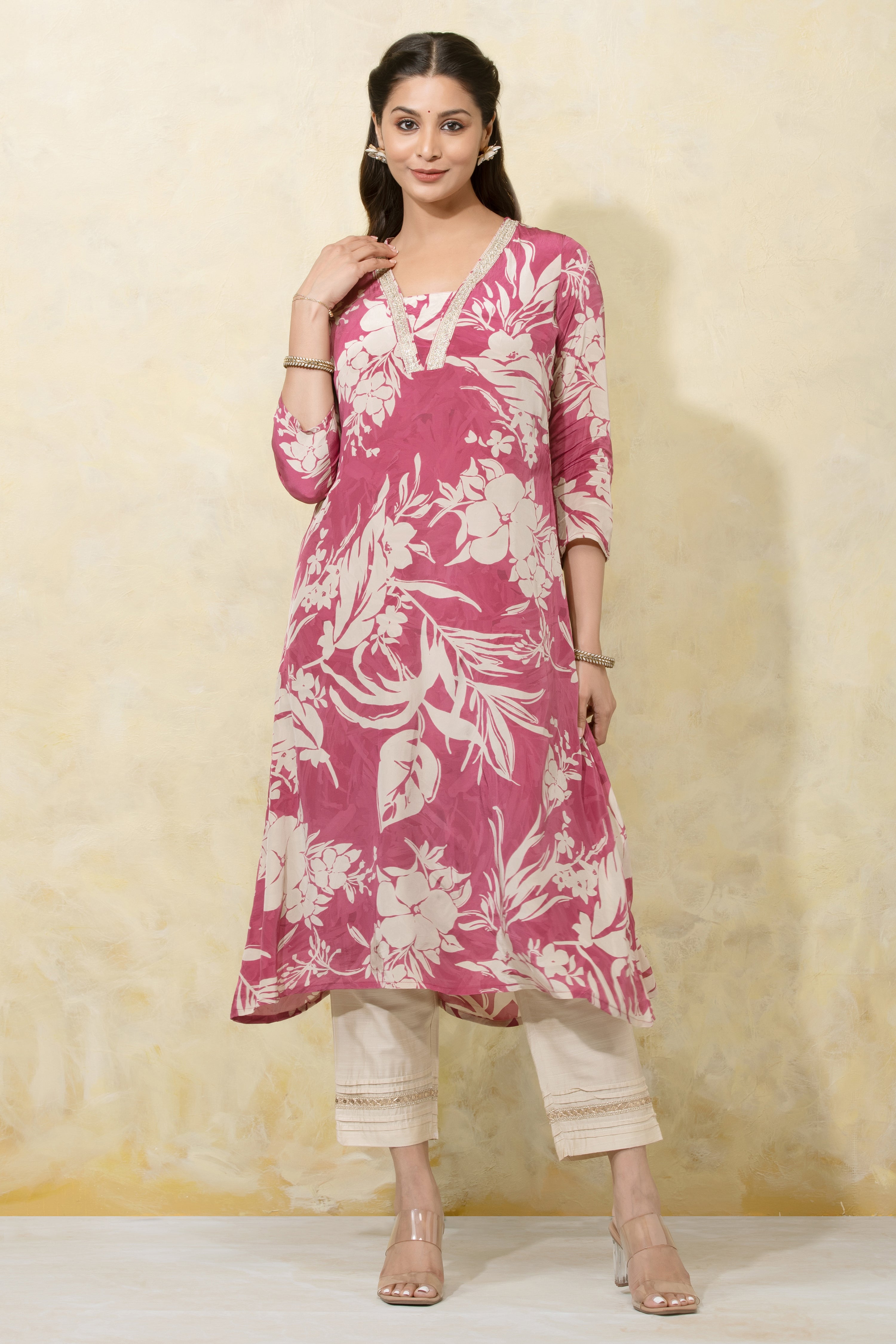 Abstract Floral Printed A-Line Kurta - Pink