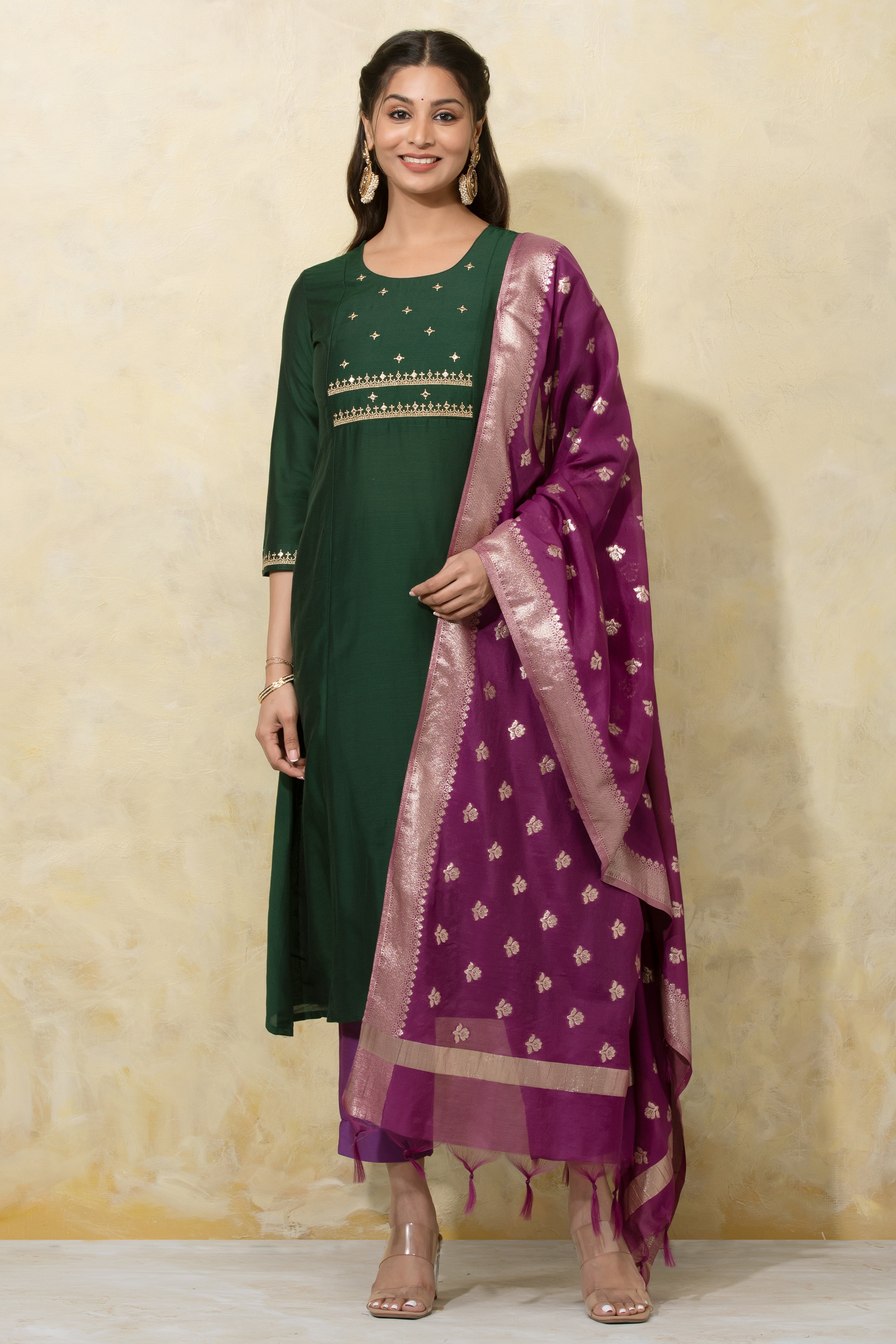 Festive Embroidered A-Line Kurtaset with Brocade Dupatta - Green & Purple