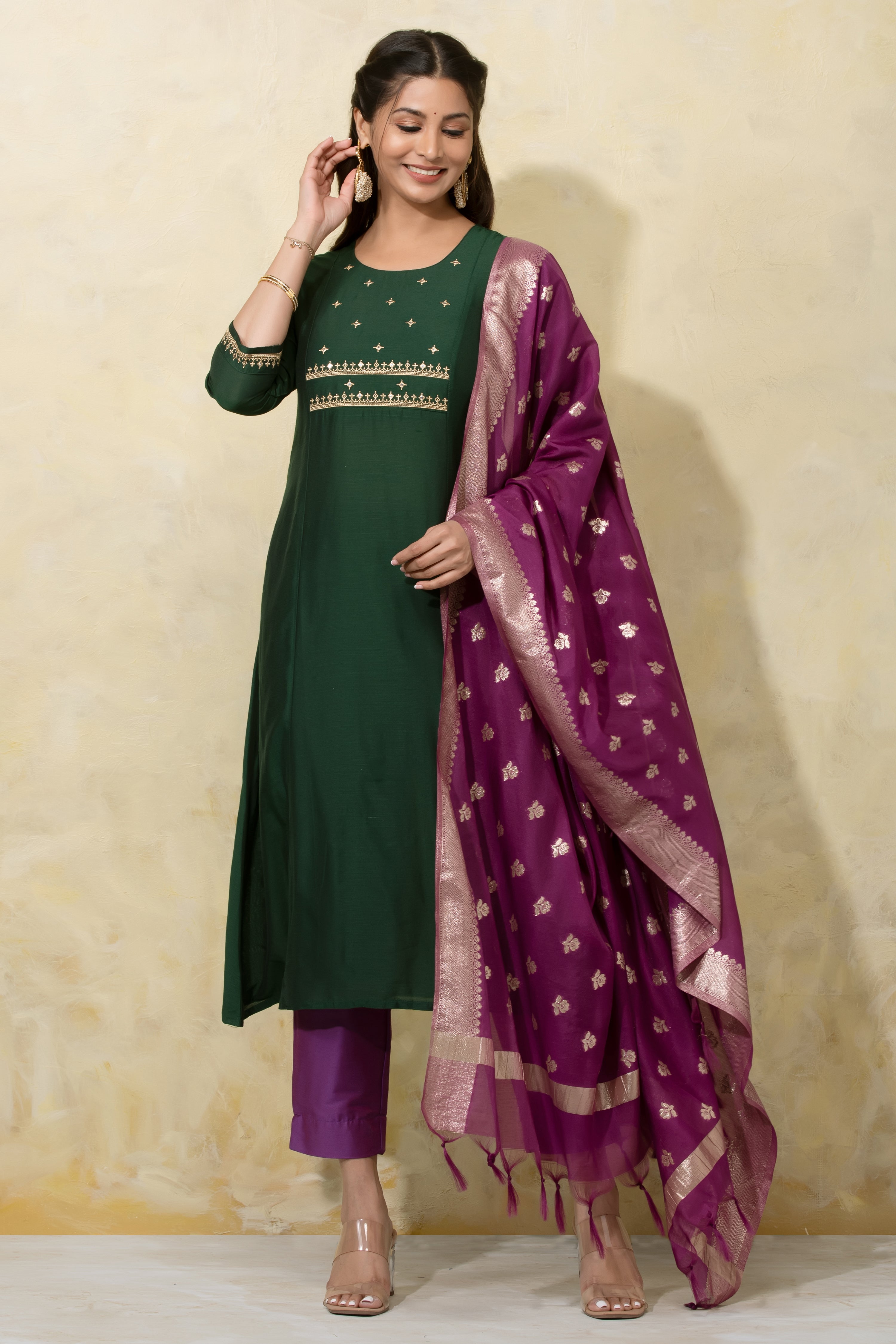 Festive Embroidered A-Line Kurtaset with Brocade Dupatta - Green & Purple