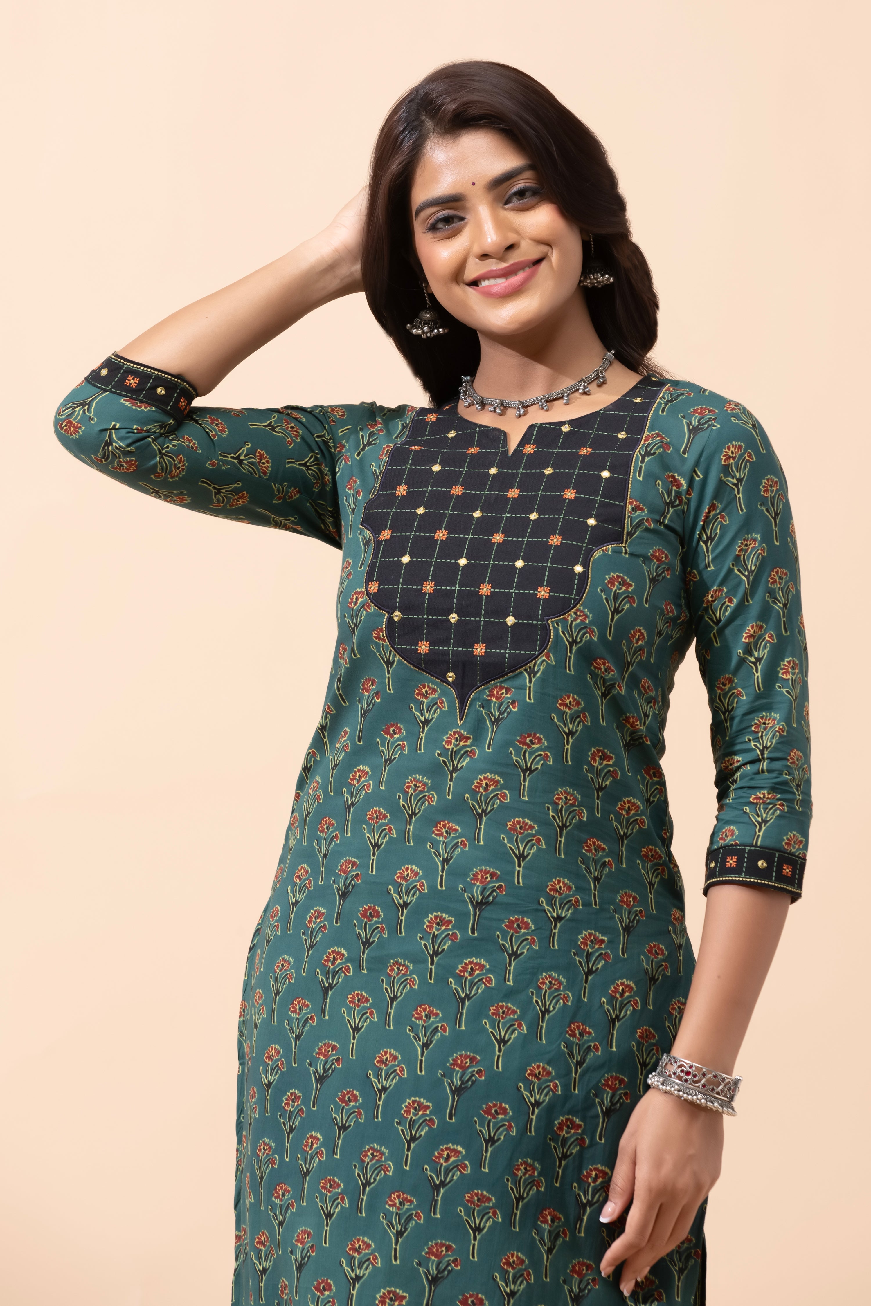 Green Floral Cotton Kurta