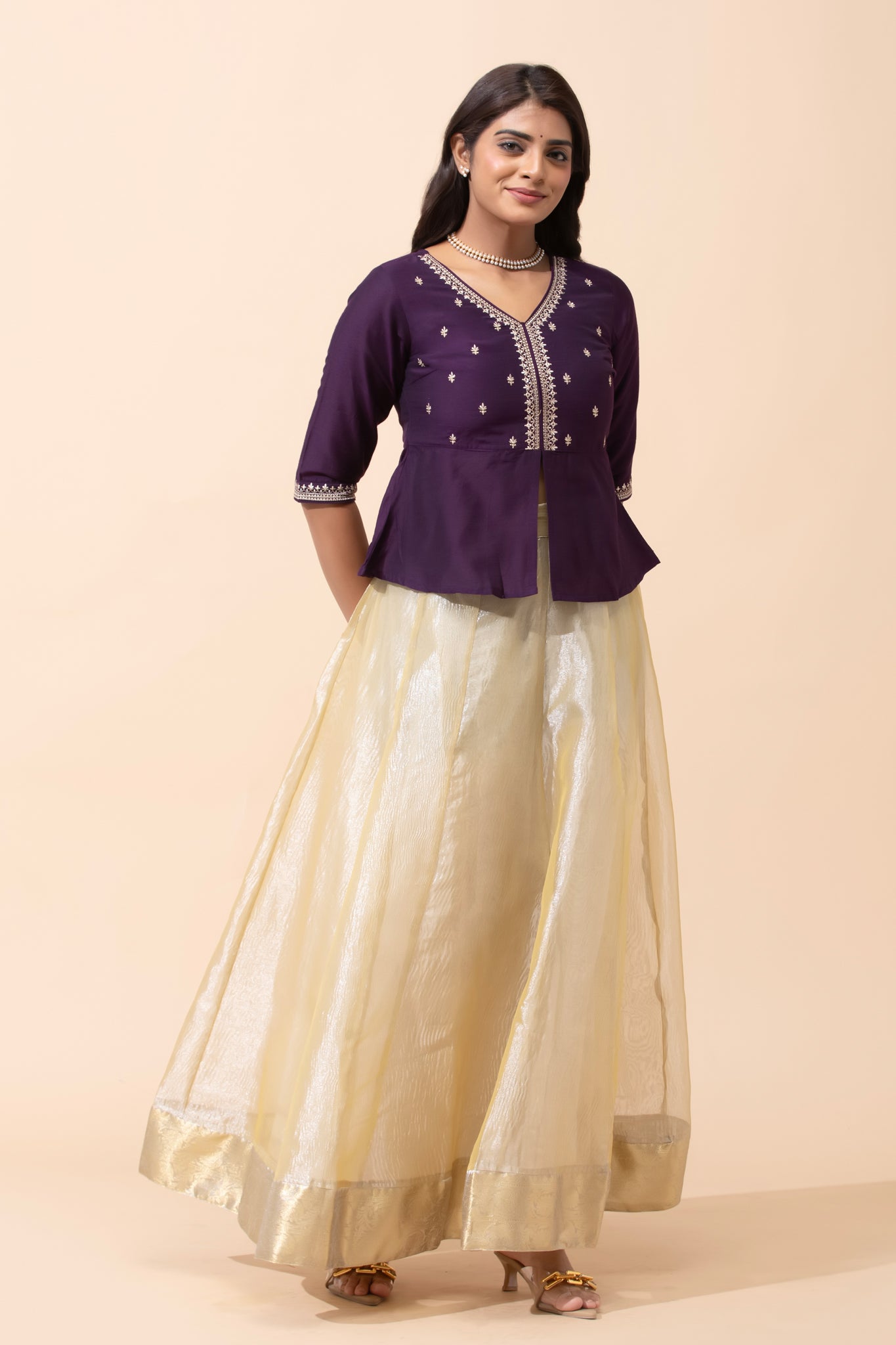 PURPLE EMBROIDERED TOP & GOLD SKIRT SET