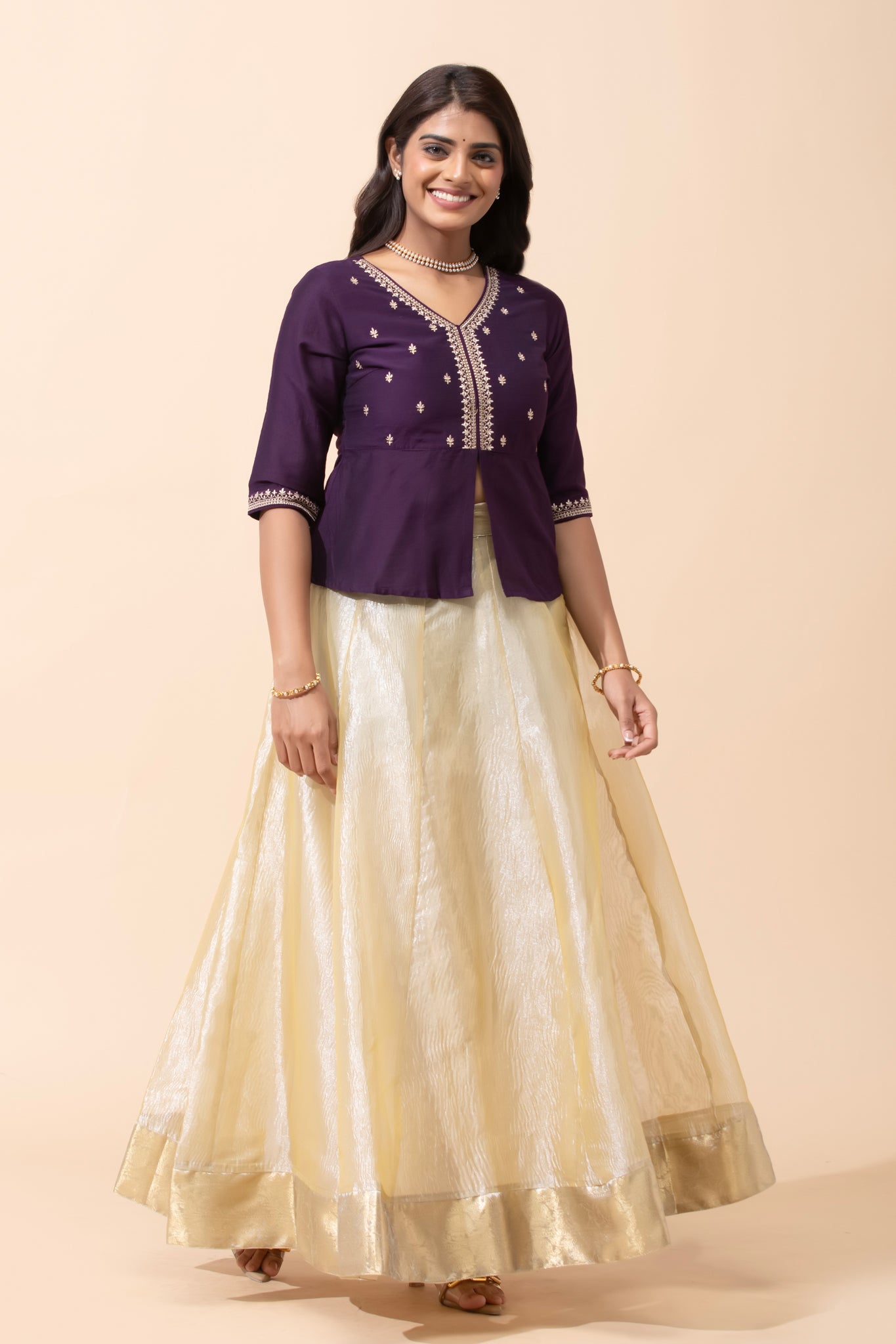 PURPLE EMBROIDERED TOP & GOLD SKIRT SET