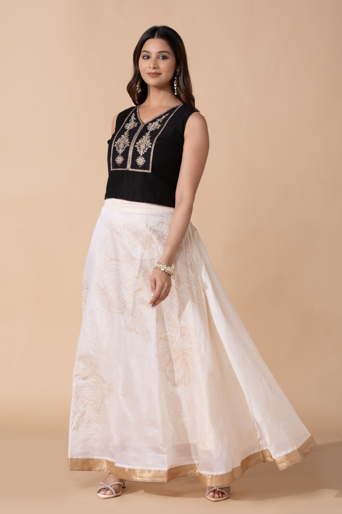 Off White Floral Printed Flared Festive Skirt