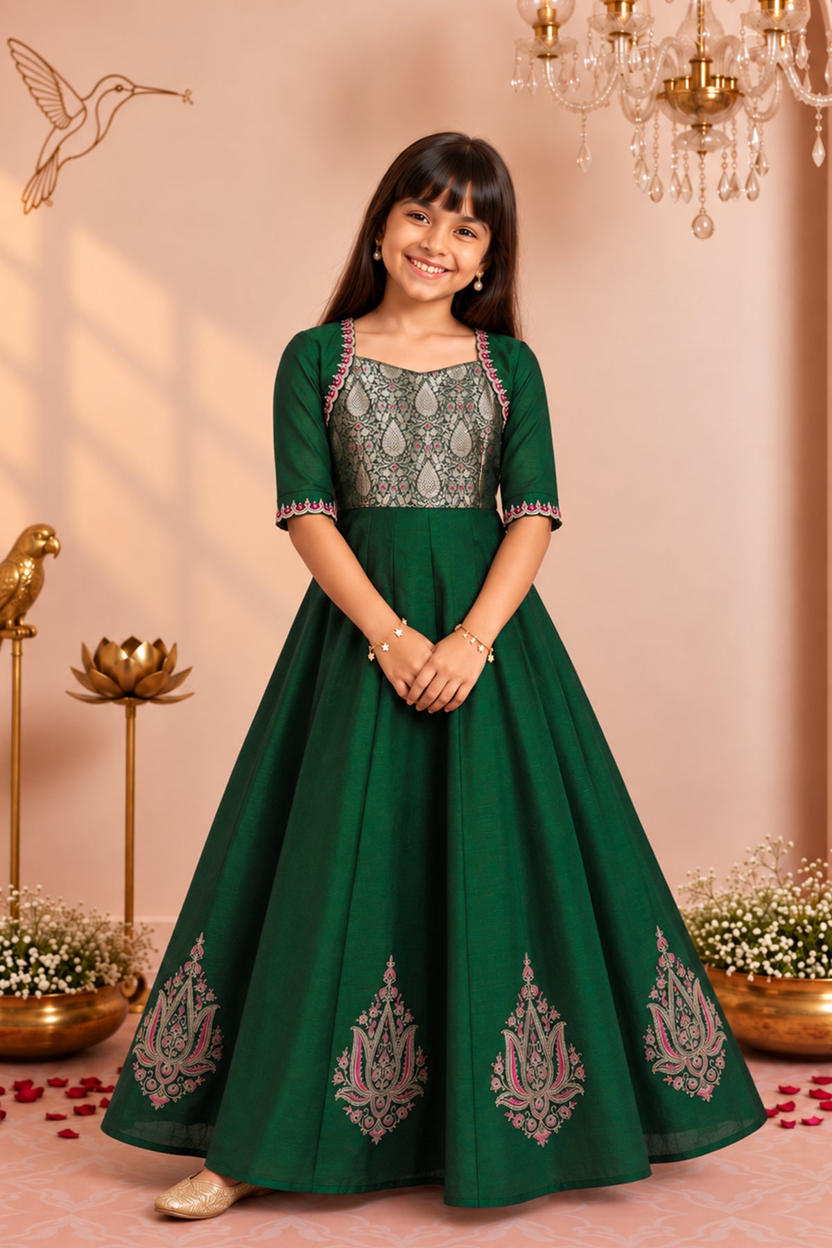 Festive Green Paisley & Floral Kids Anarkali