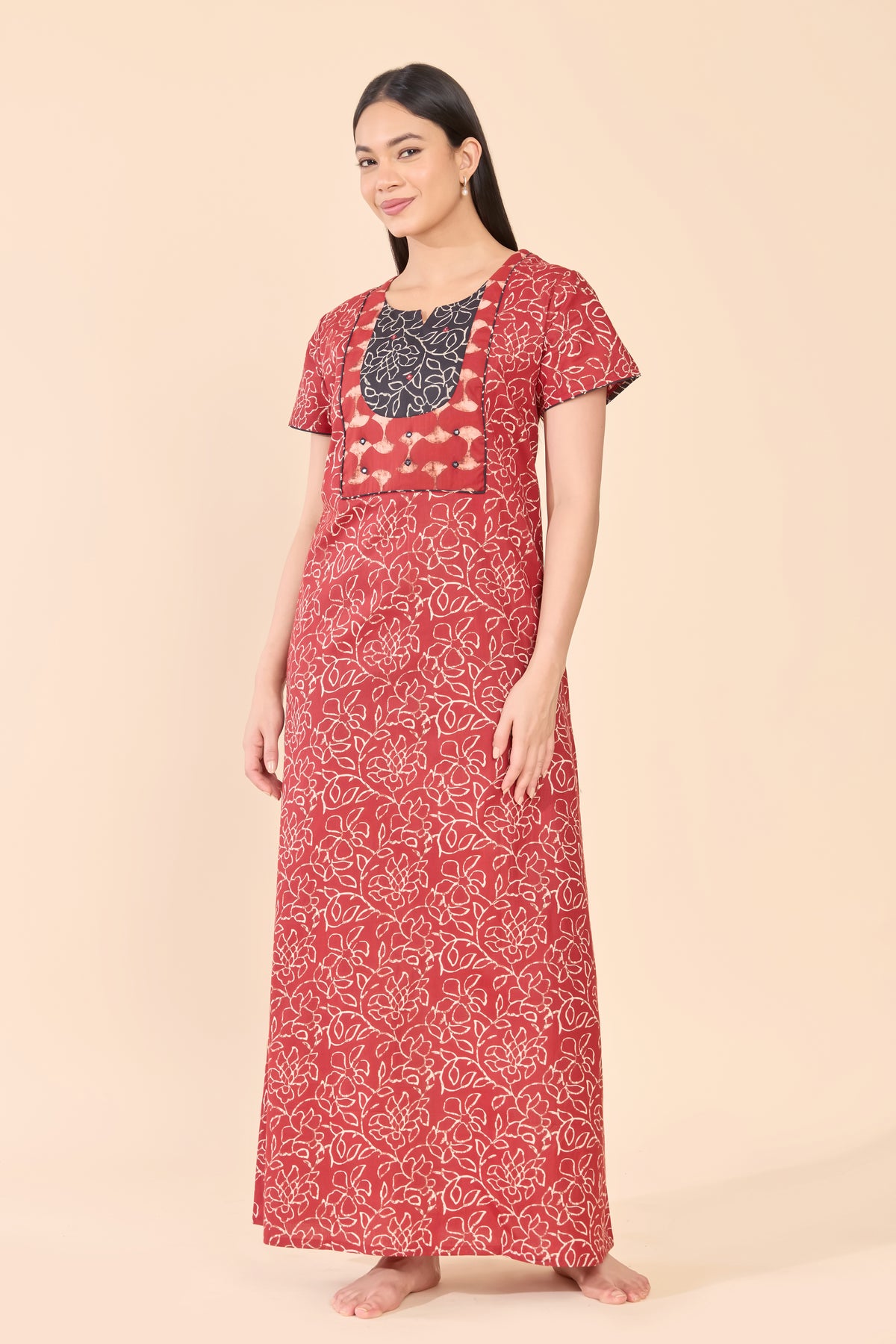 Maroon Batik Printed Cotton Nightwear